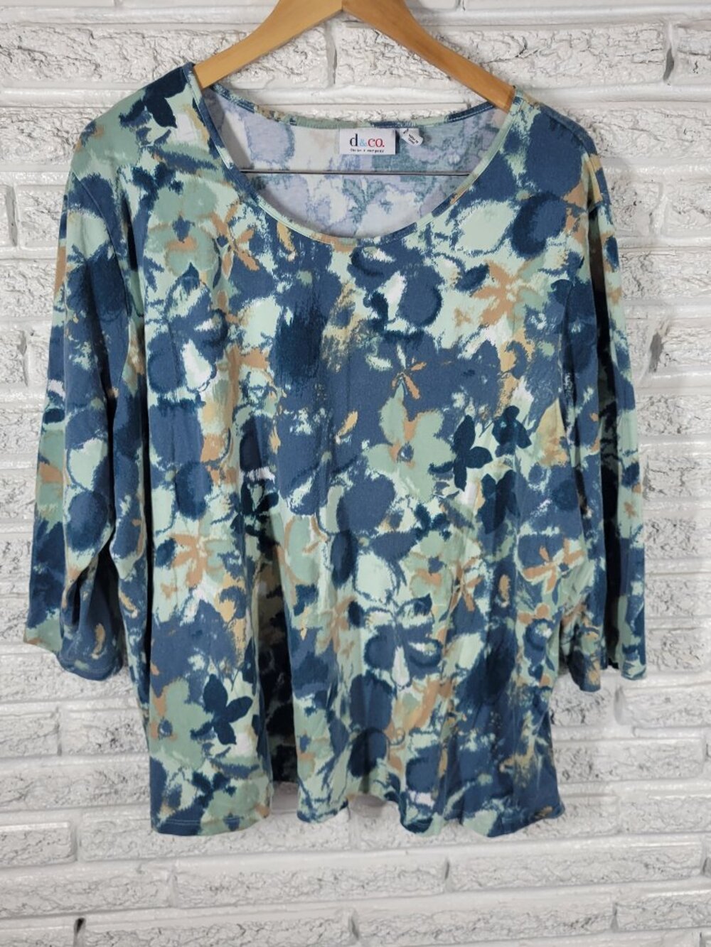 Denim Co Tee 3X Plus Size Blue Watercolor Floral 3/4 Sleeve Cotton FLO289XE